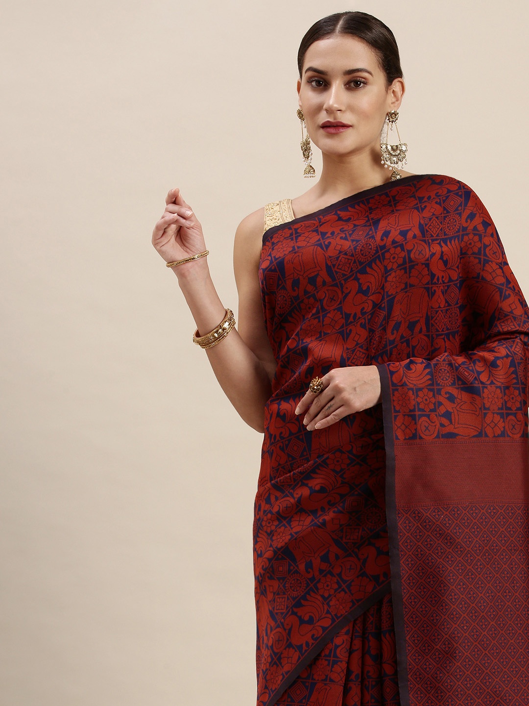 

Rudra Fashion Maroon & Navy Blue Ethnic Motifs Silk Blend Banarasi Saree
