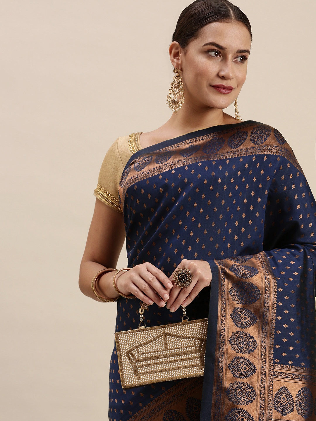 

Rudra Fashion Navy Blue & Bronze-Toned Ethnic Motifs Silk Blend Banarasi Saree