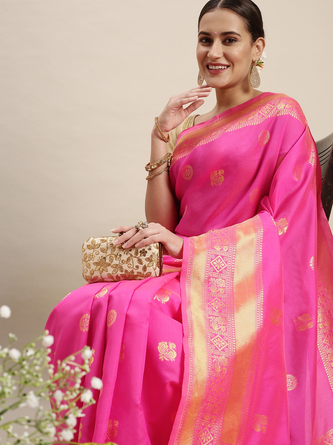 

Rudra Fashion Pink & Gold-Toned Ethnic Motifs Silk Blend Banarasi Saree