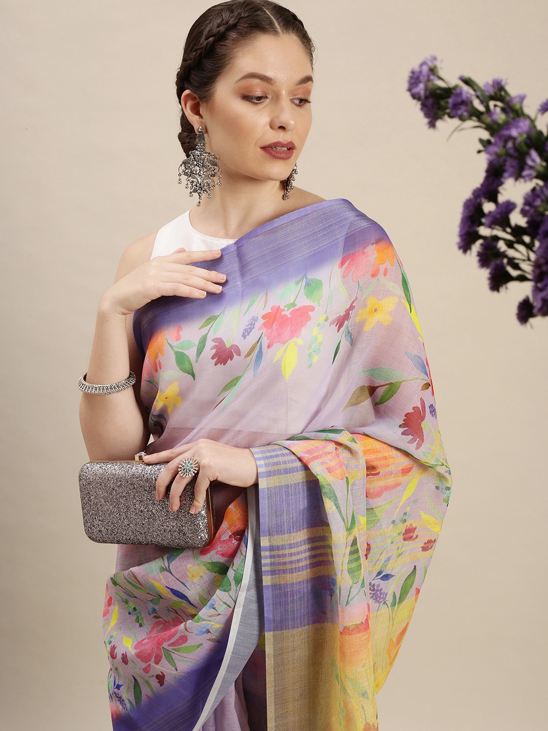 

Rudra Fashion Lavender & Pink Floral Linen Blend Saree