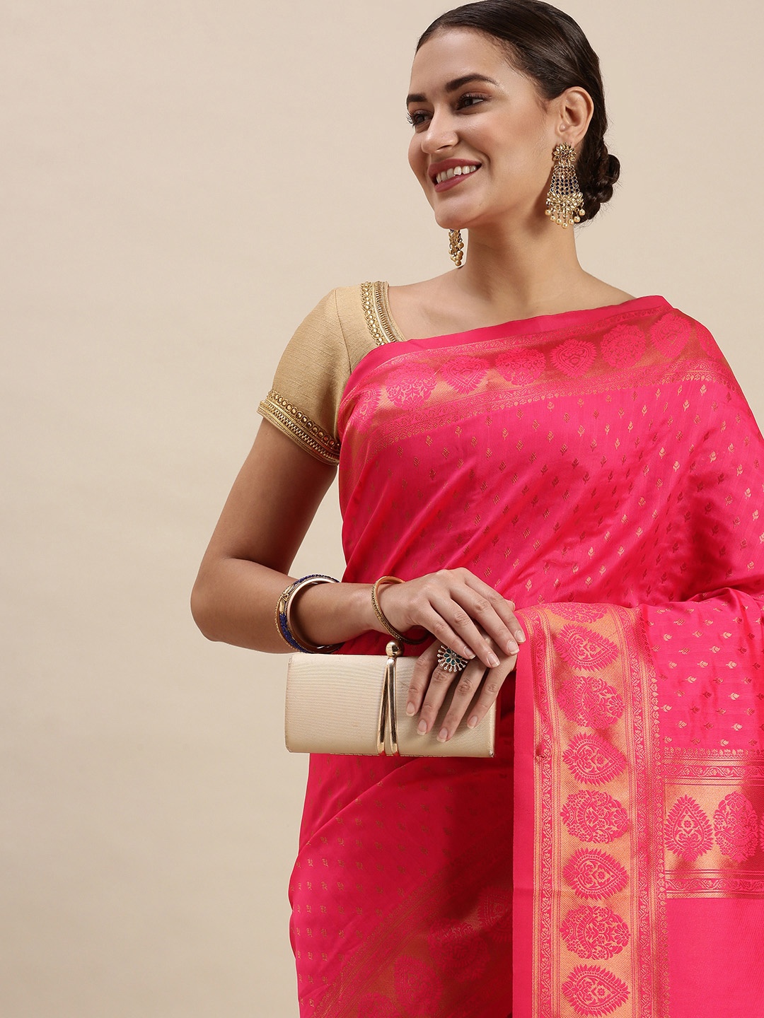 

Rudra Fashion Pink Ethnic Motifs Silk Blend Banarasi Saree