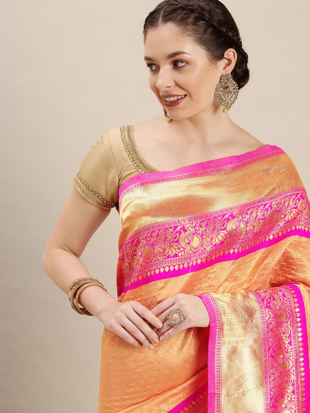 

Rudra Fashion Peach-Coloured & Pink Ethnic Motifs Silk Blend Banarasi Saree