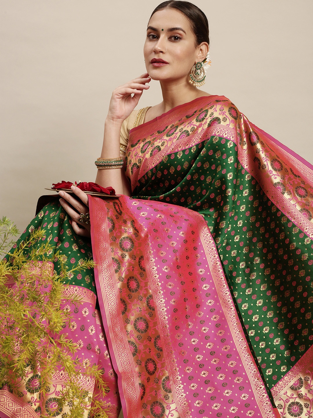 

Rudra Fashion Green & Pink Ethnic Motifs Silk Blend Banarasi Saree