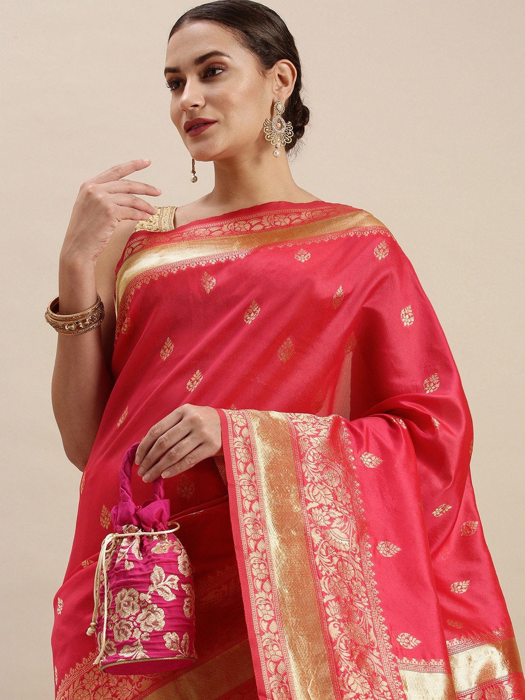 

Rudra Fashion Pink & Gold-Toned Ethnic Motifs Silk Blend Banarasi Saree