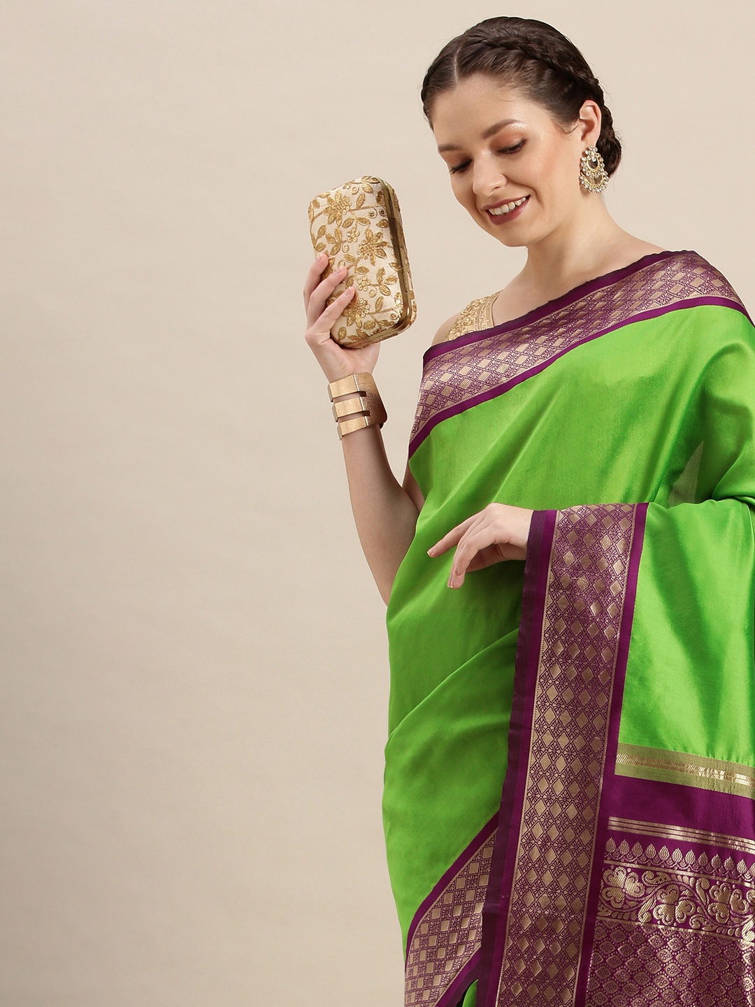 

Rudra Fashion Green & Purple Silk Blend Banarasi Saree