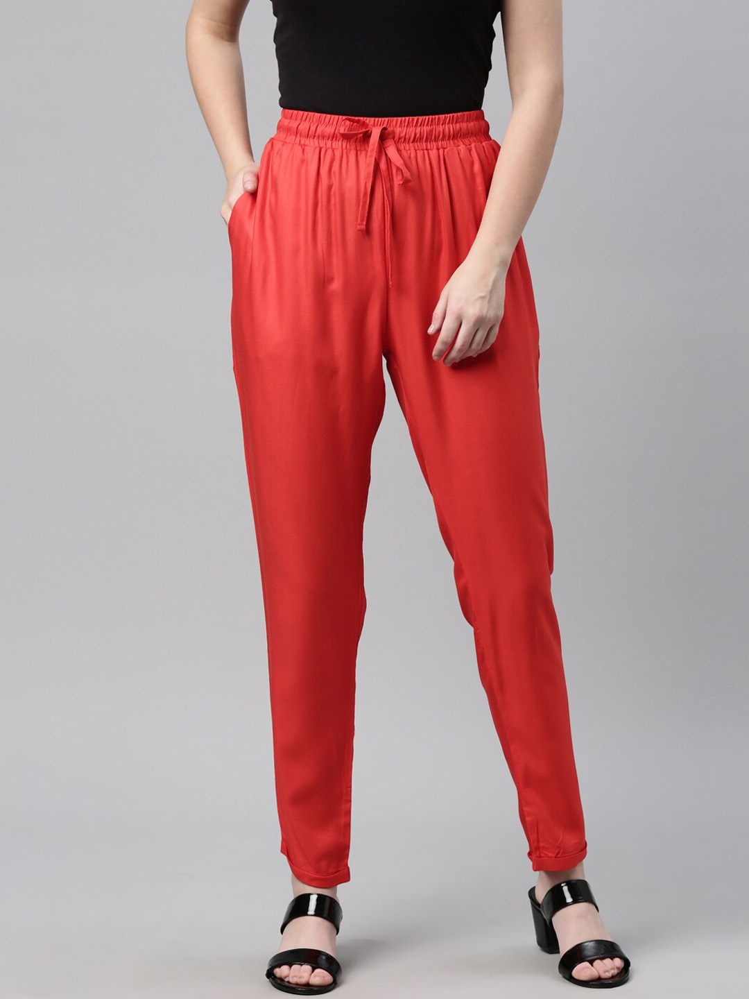 

LAYA Women Red Relaxed Pleated Trousers