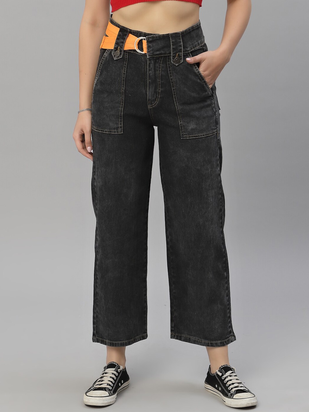 

KASSUALLY Women Charcoal Wide Leg High-Rise Jeans