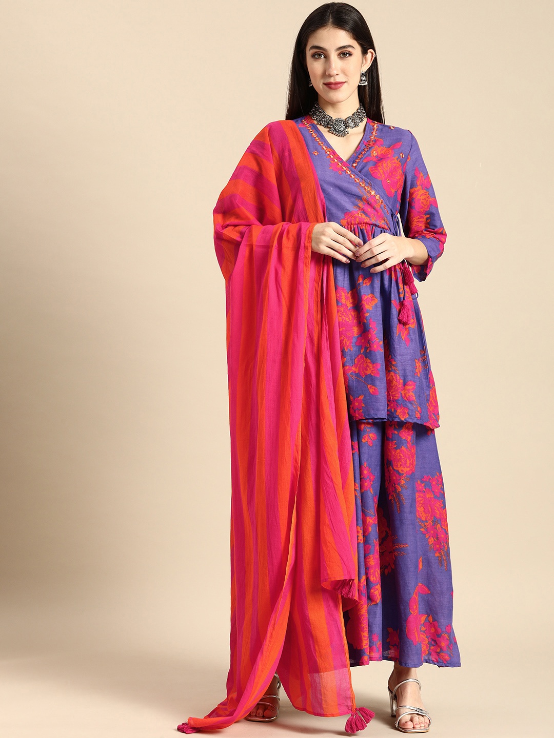 

Anouk Women Purple Floral Printed Angrakha Pure Cotton Kurti with Skirt & With Dupatta