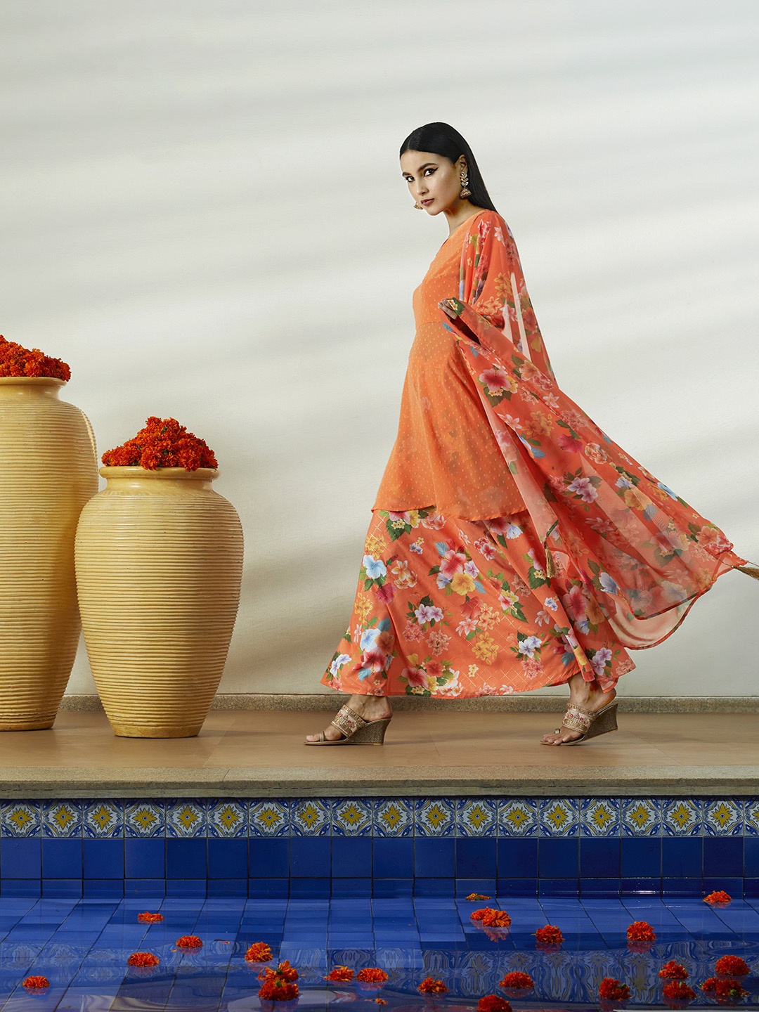 

Anouk Orange Floral Printed Ready to Wear Lehenga & Blouse With Dupatta