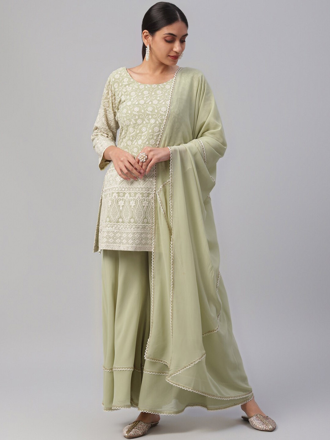 

Libas Women Green Floral Embroidered Chikankari Kurti with Palazzos & With Dupatta