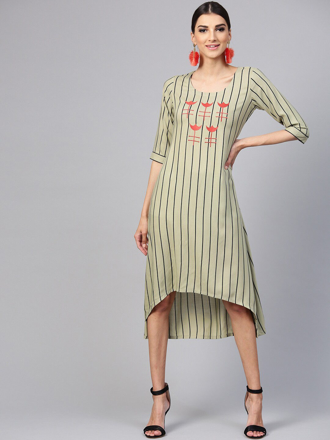 

Libas Green Striped A-Line Midi Dress
