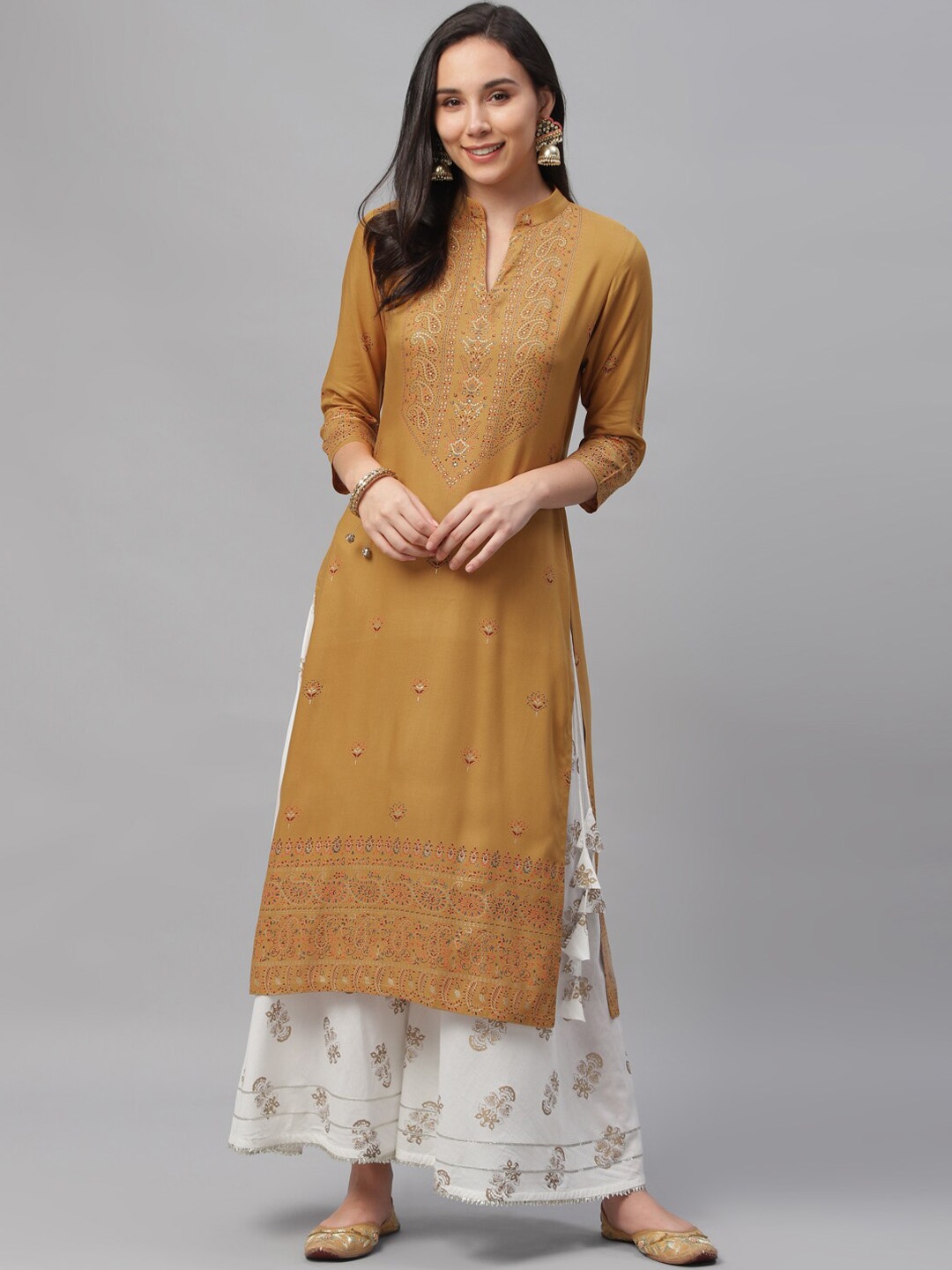 

Libas Women Yellow & Maroon Ethnic Motifs Yoke Design Kurta
