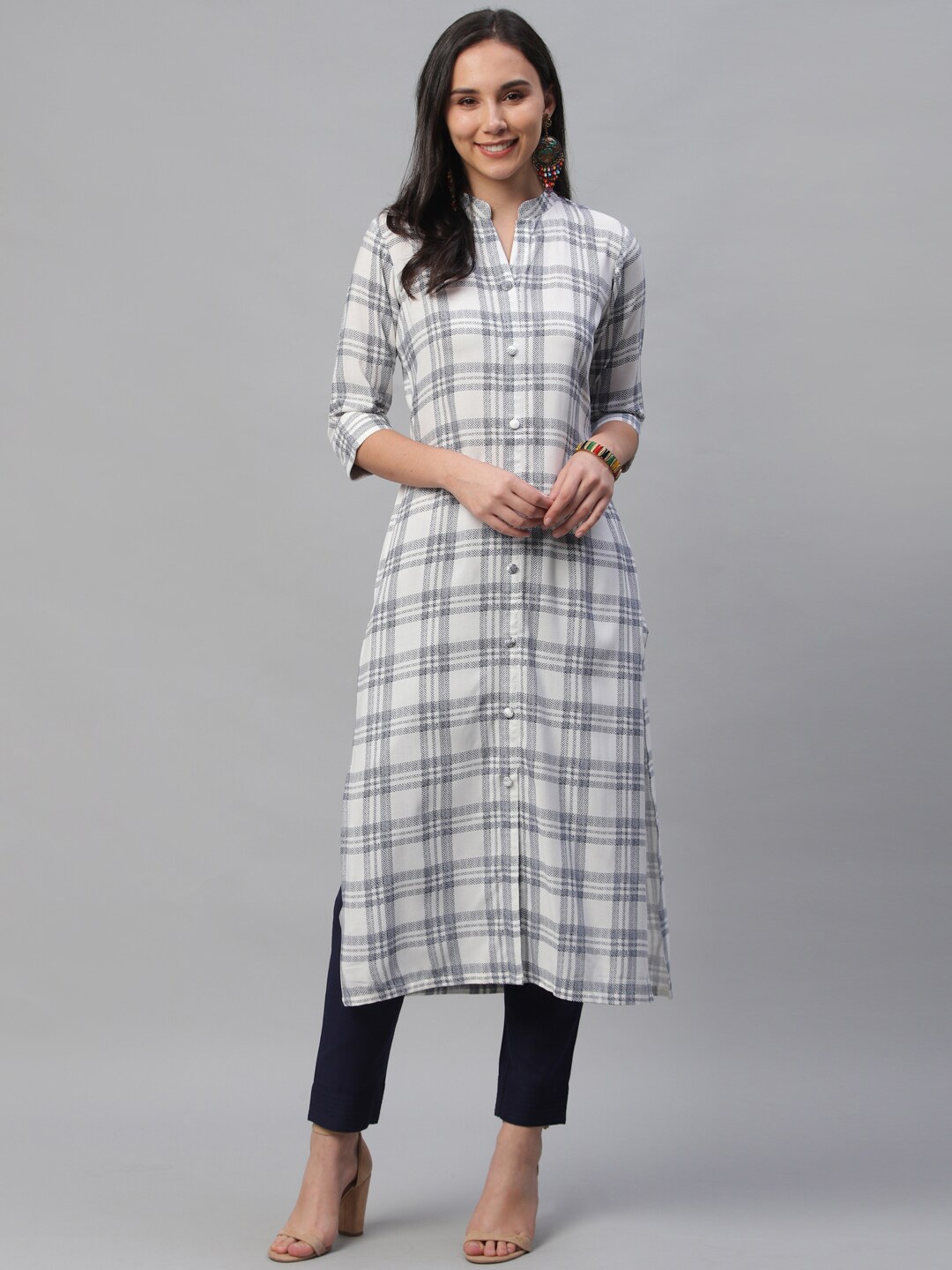 

Libas Women White & Grey Checked Keyhole Neck Kurta