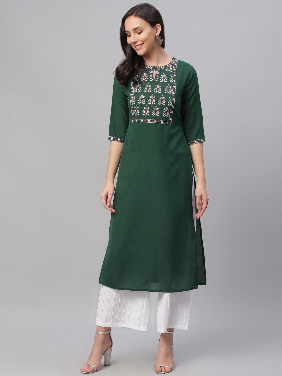 

Libas Women Green Embroidered Yoke Design Kurta