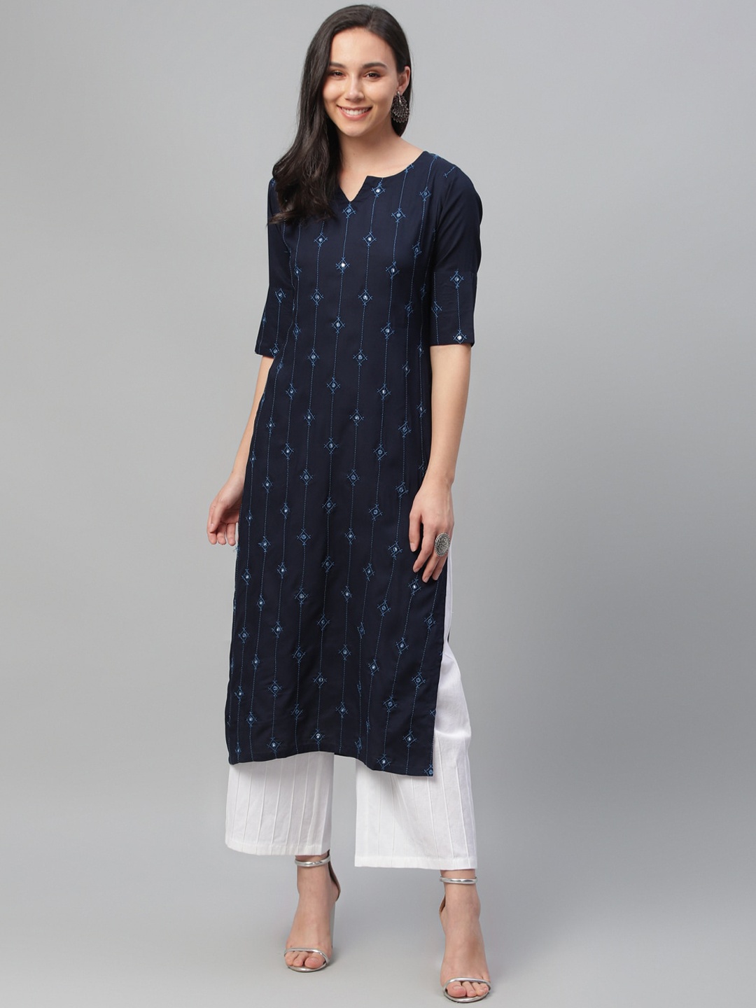 

Libas Women Blue Geometric Printed Keyhole Neck Kurta