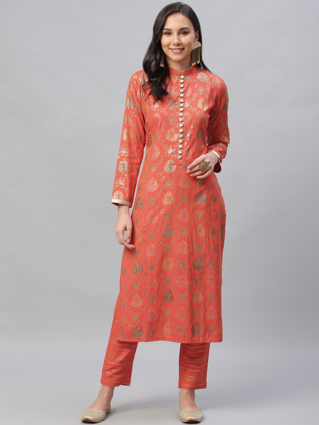 

Libas Women Orange Ethnic Motifs Printed Kurti with Trouser