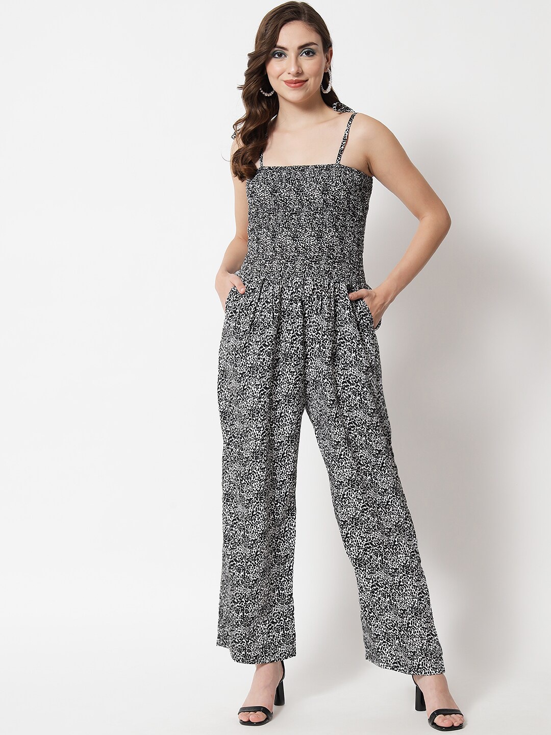 

Trend Arrest Women Black & White Animal Printed Basic Jumpsuit