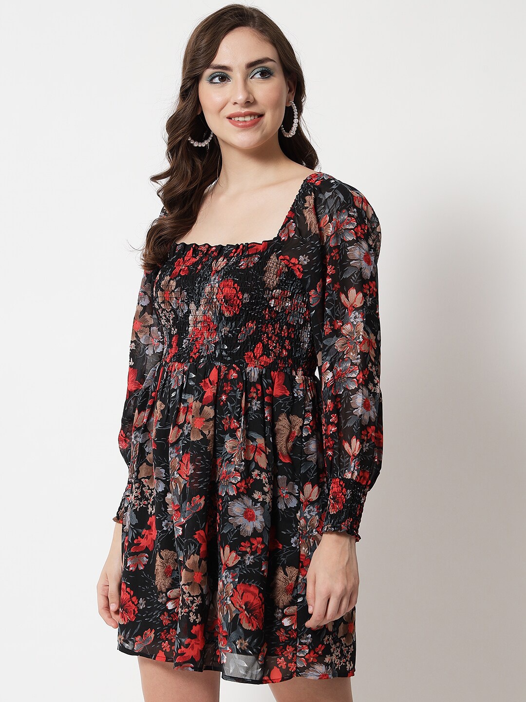 

Trend Arrest Black & Red Floral Georgette Dress