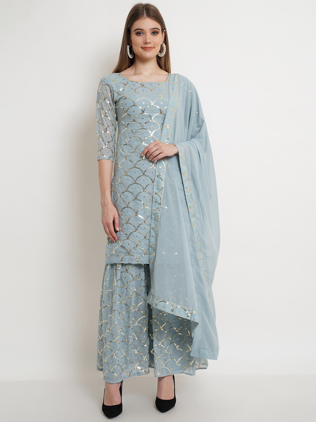 

Purple State Women Blue Embroidered Sequined Kurta with Palazzos & With Dupatta
