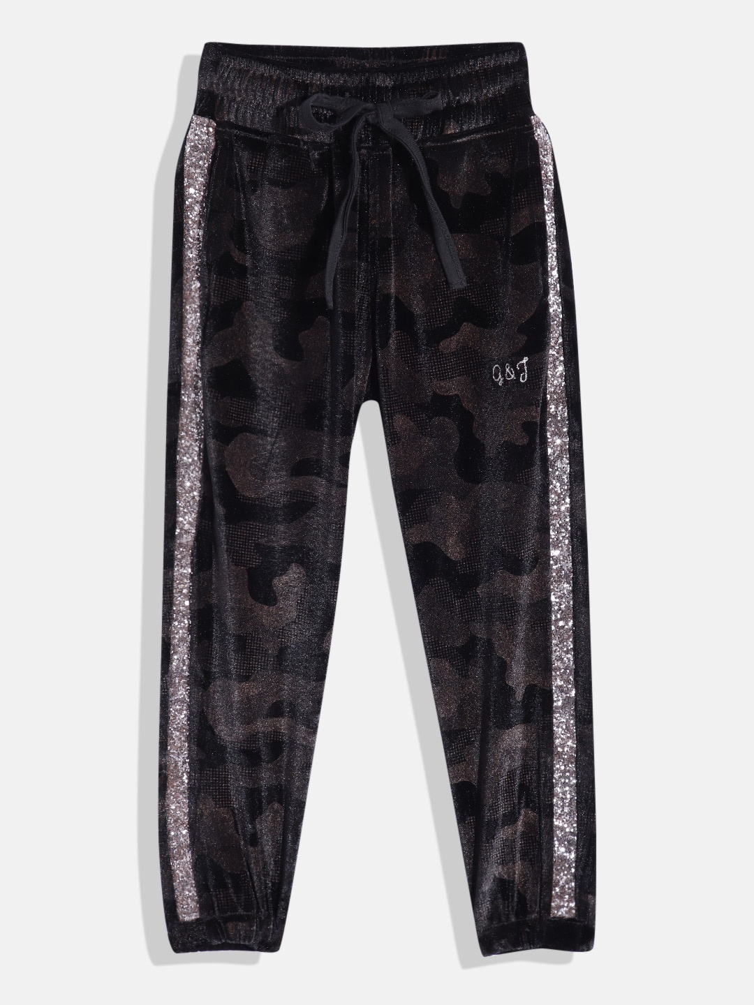 

Gini and Jony Girls Abstract Printed Mid-Rise Velvet Joggers with Embellished Taping, Black