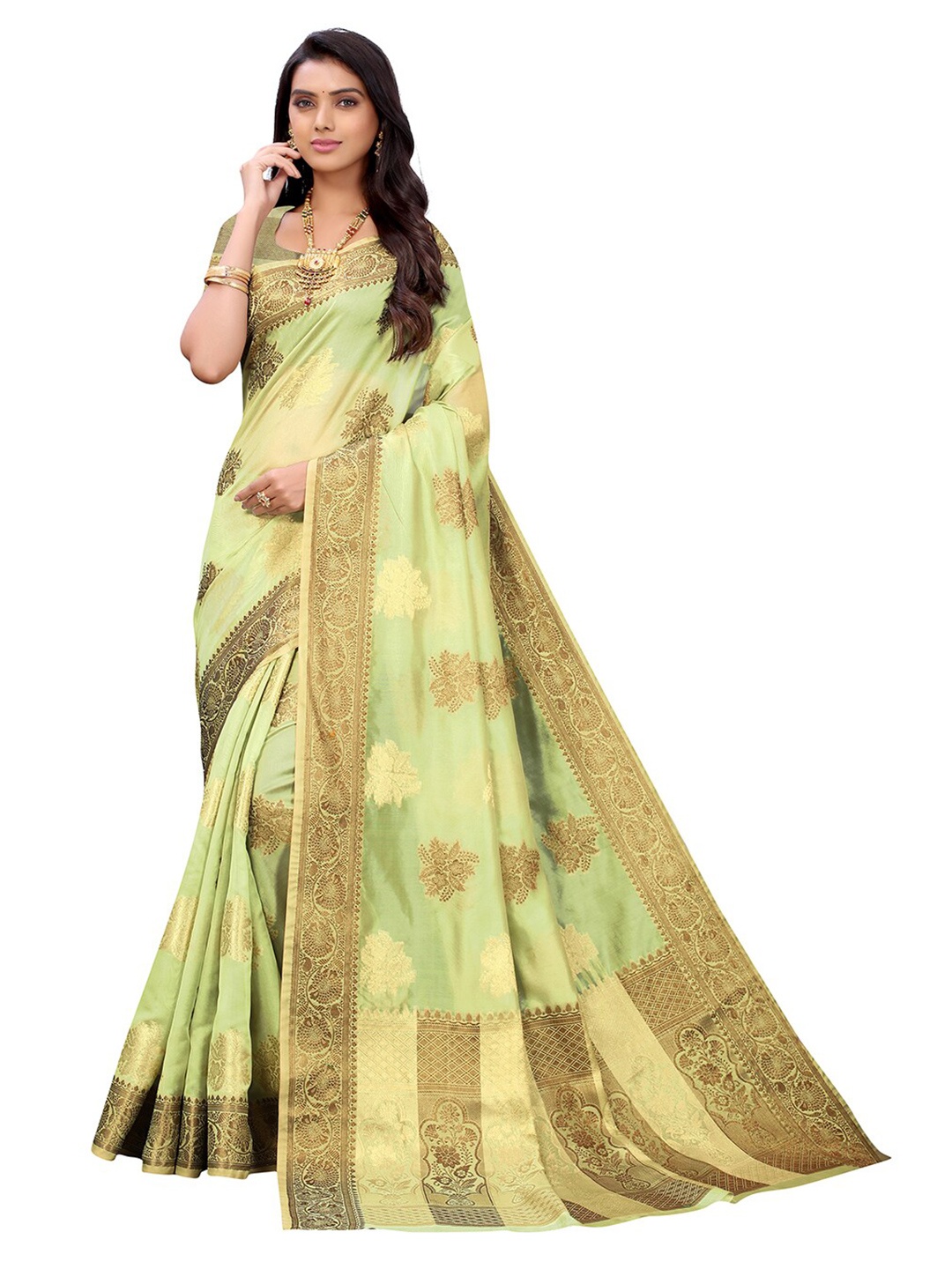 

Pisara Lime Green & Gold-Toned Ethnic Motifs Zari Organza Saree