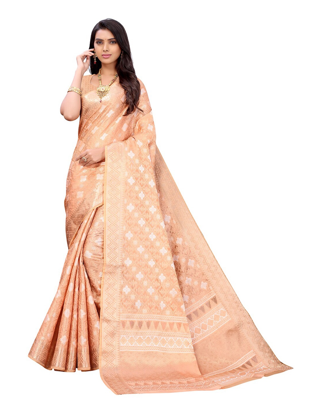 

Pisara Peach-Coloured Floral Zari Organza Saree