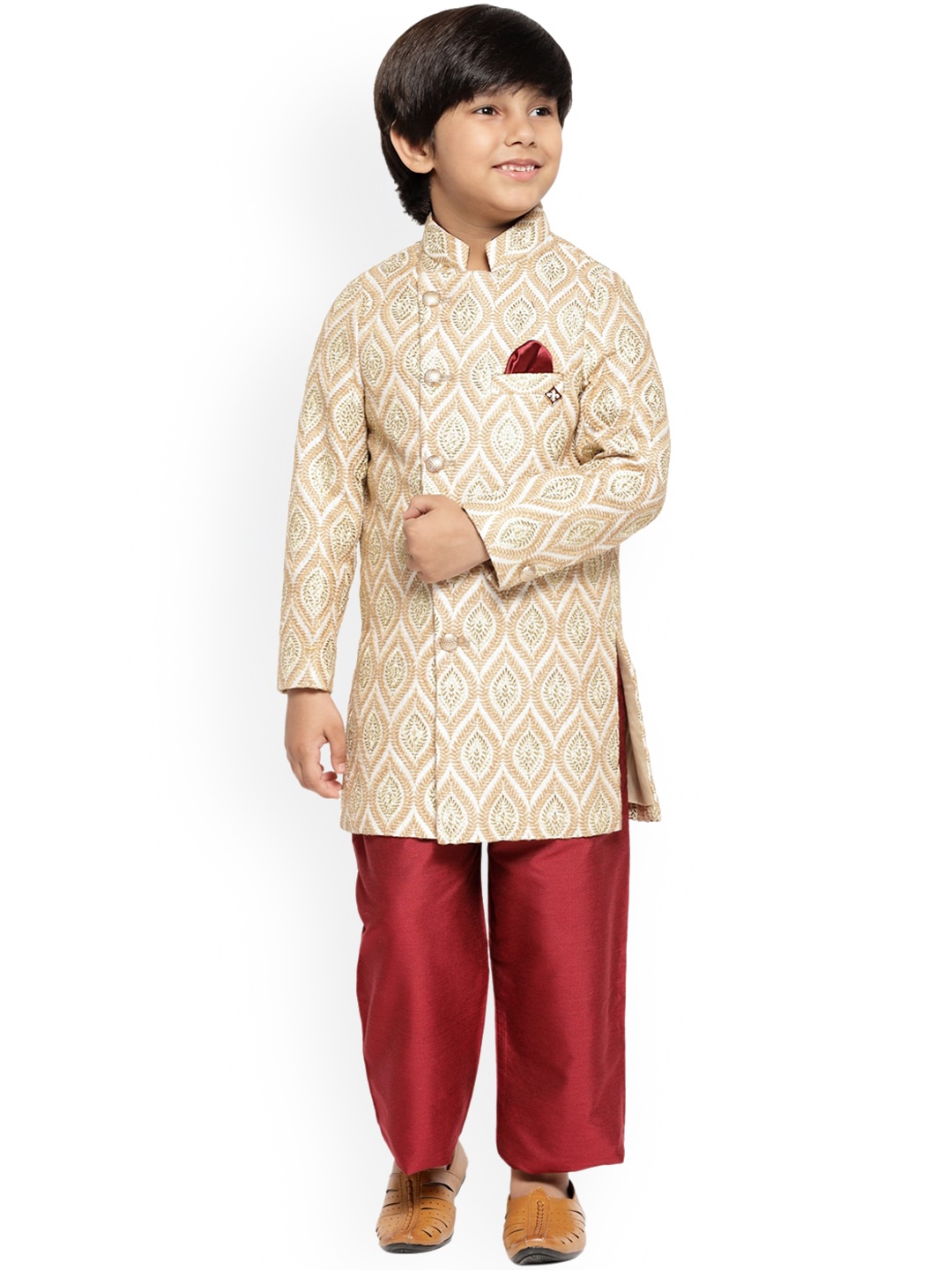 

MAXENCE Boys Gold-Colored & Red Printed Silk Sherwani Set