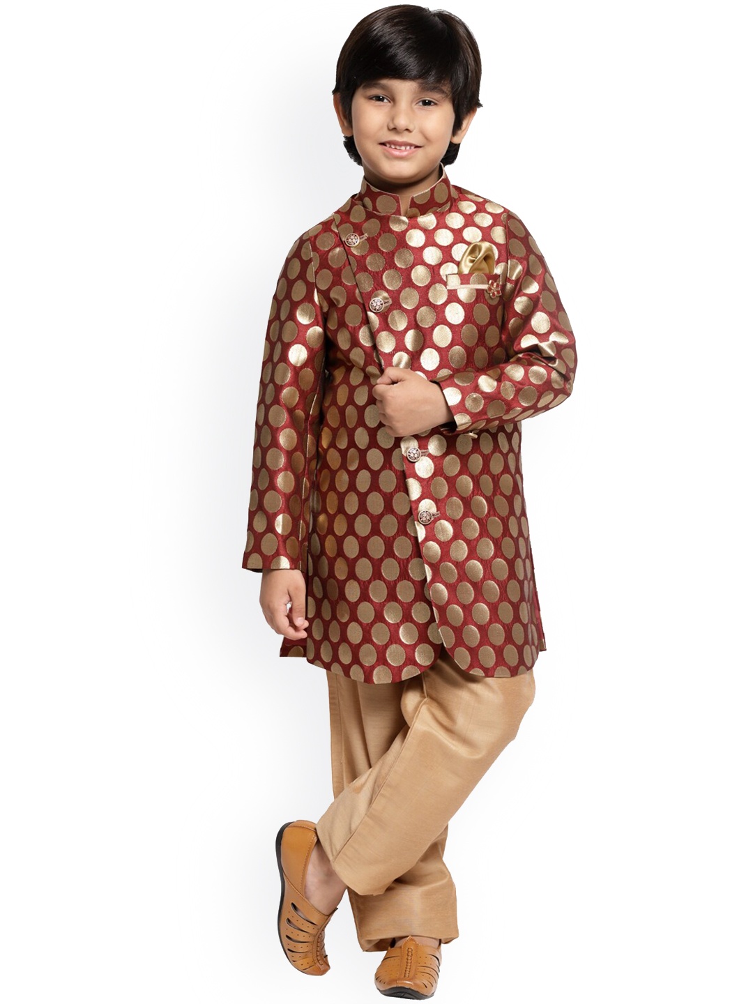

MAXENCE Boys Red & Gold-Coloured Printed Sherwani Set