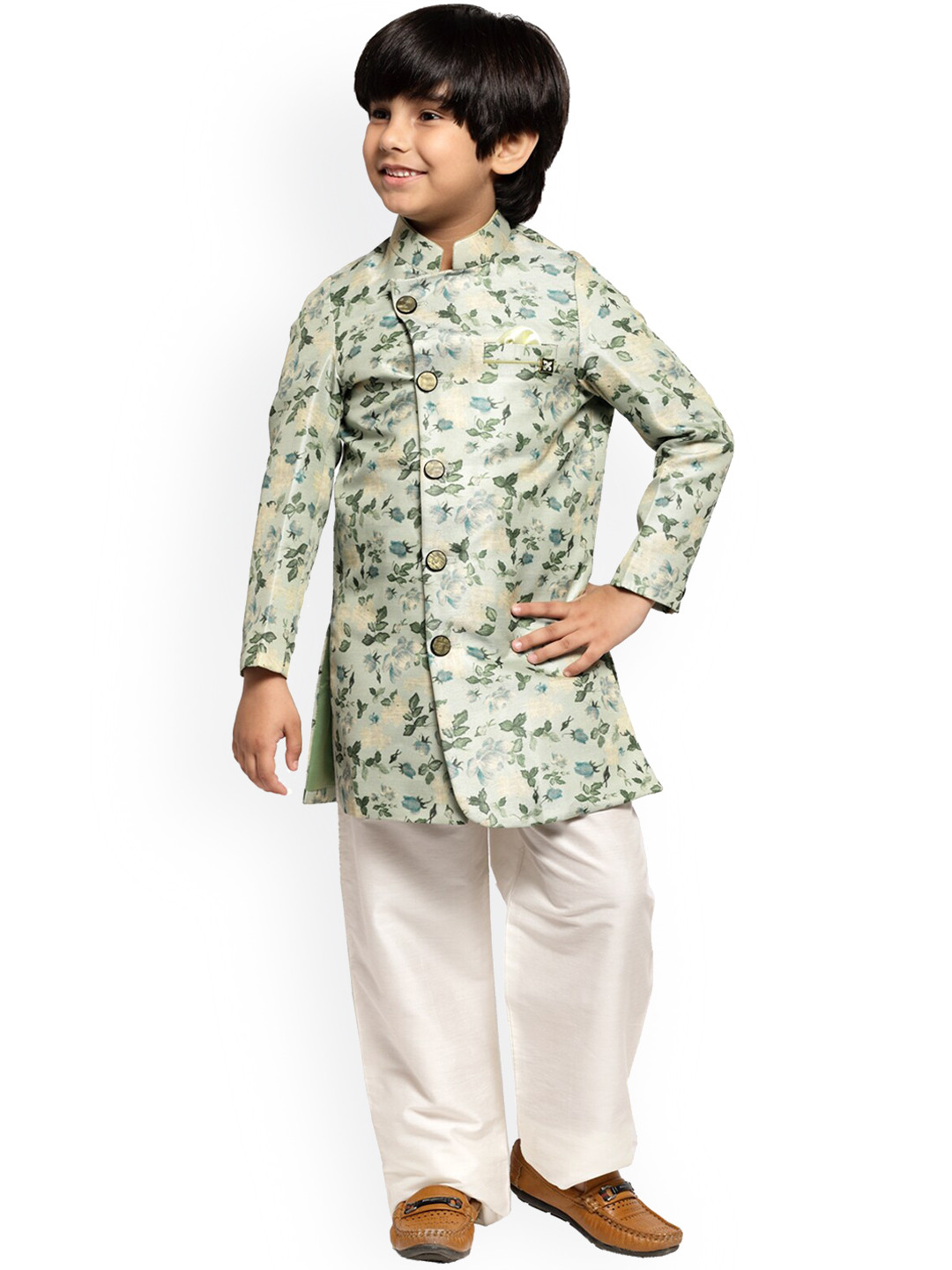 

MAXENCE Boys Sea-Green & Off-White Printed Silk Sherwani Set