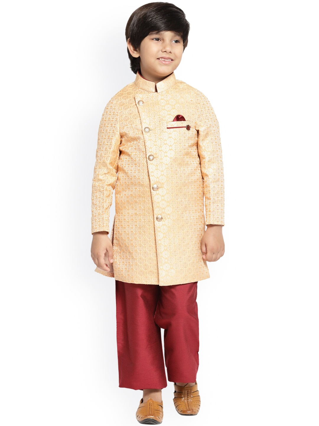 

MAXENCE Boys Gold-Colored & Red Printed Silk Sherwani Set