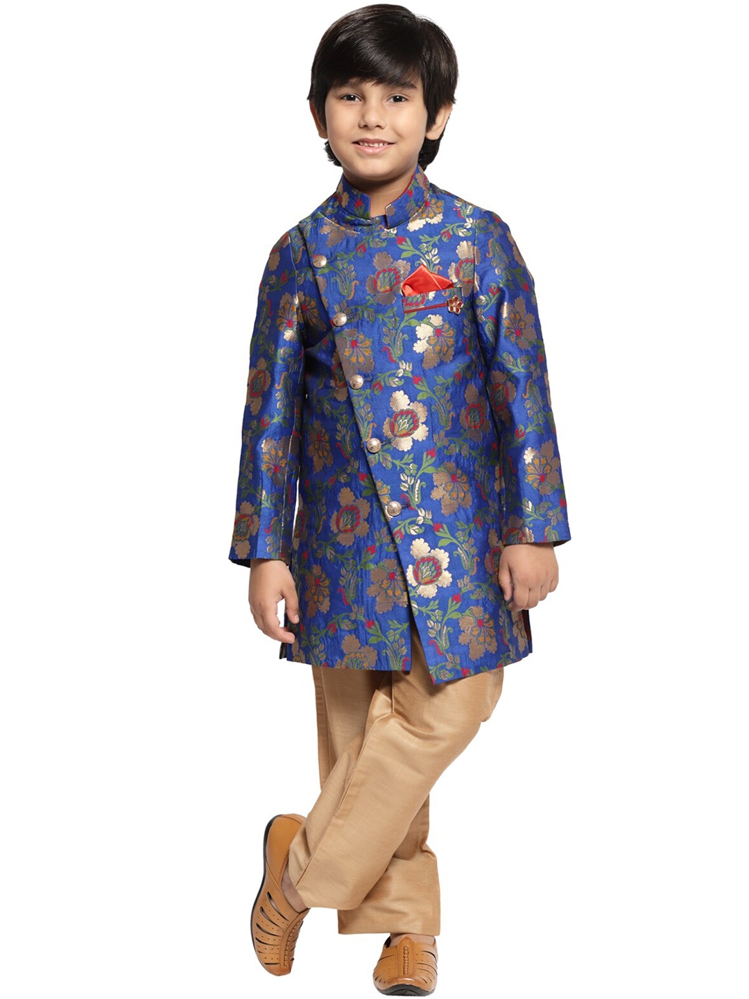 

MAXENCE Boys Blue & Gold-Colored Printed Silk Sherwani Set