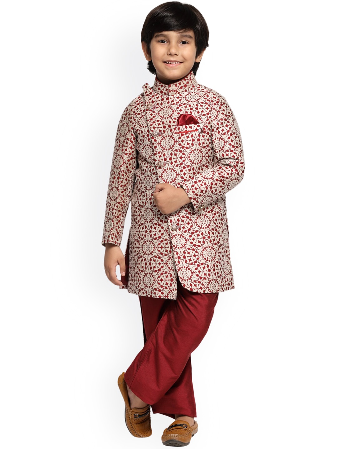 

MAXENCE Boys Red Jaquard Design Silk Sherwani Set