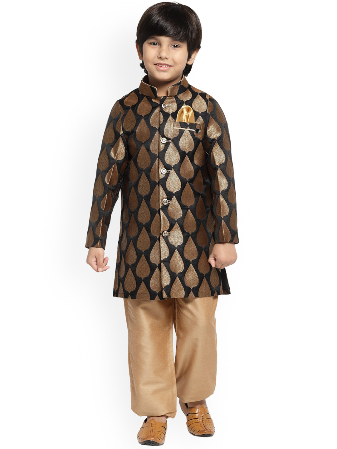 

MAXENCE Boys Brown & Gold-Colored Printed Silk Sherwani Set