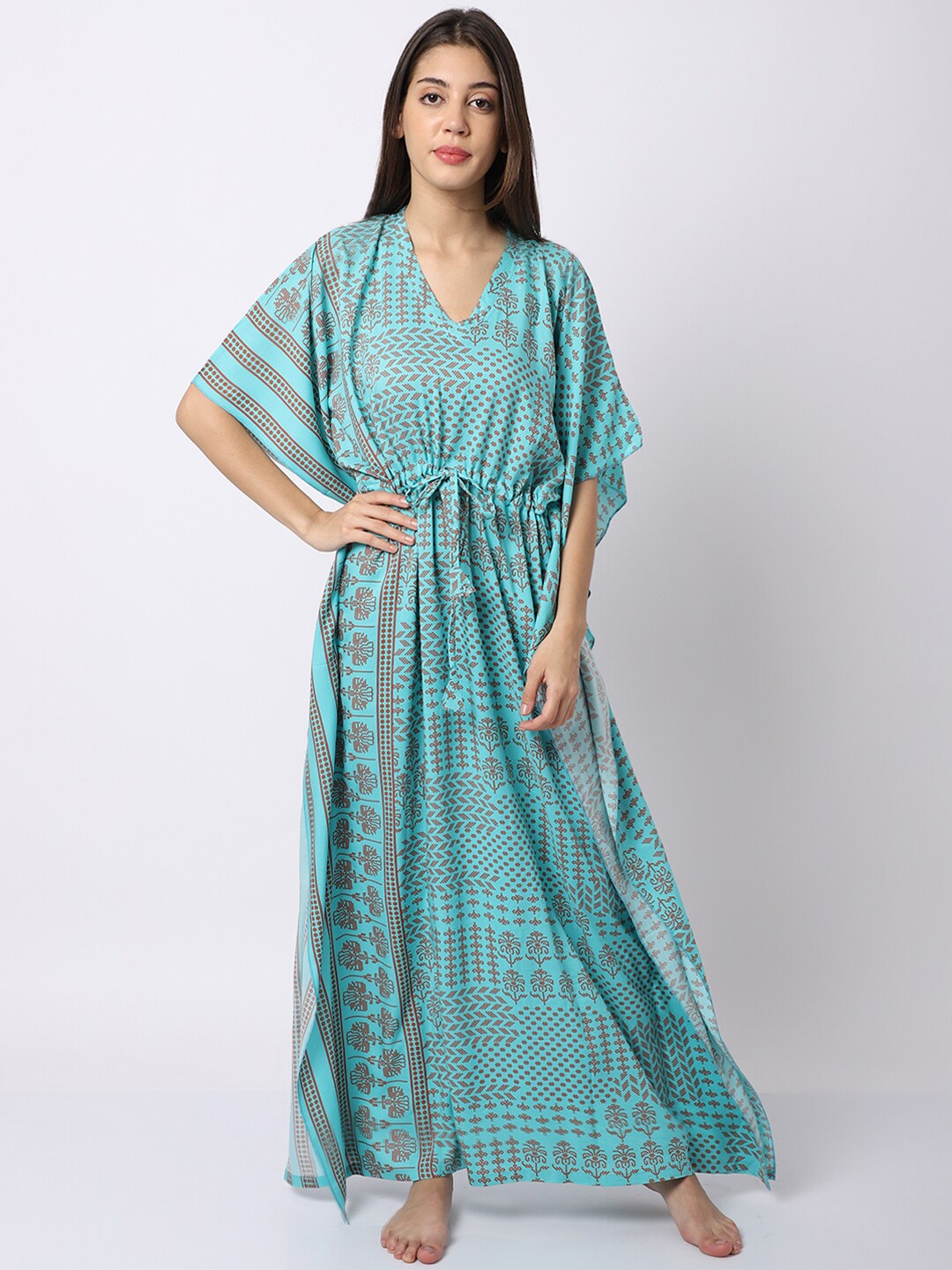 

Claura Turquoise Blue Printed Maxi Nightdress