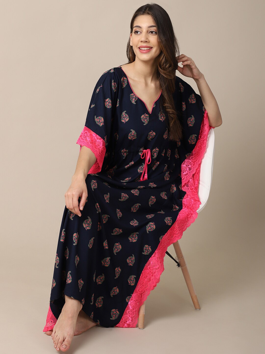 

Claura Navy Blue Printed Maxi Nightdress