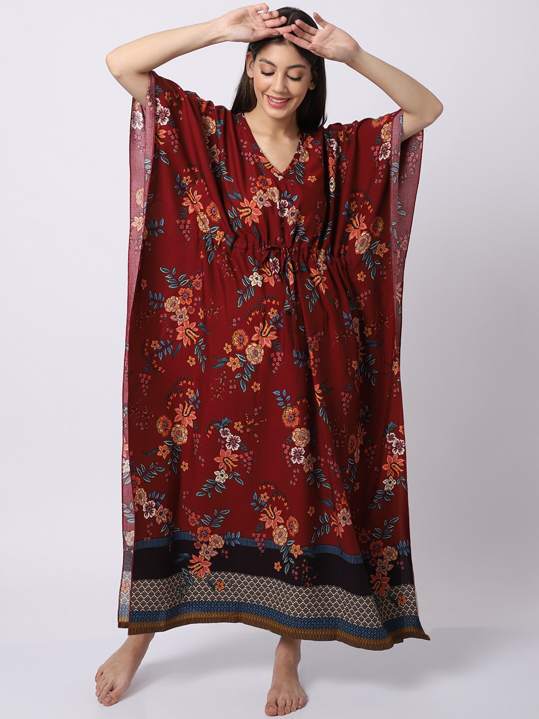 

Claura Maroon Printed Maxi Nightdress