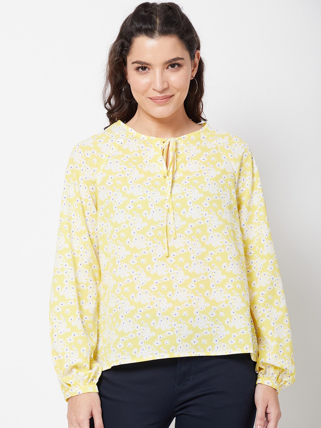 

R&B Women Yellow Floral Print Tie-Up Neck Top