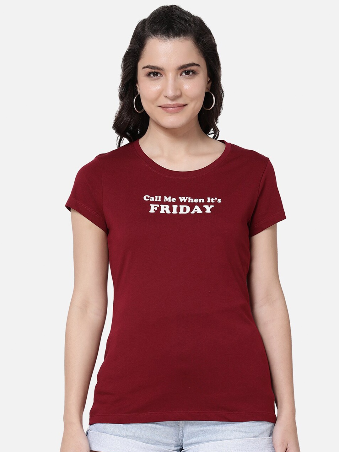 

R&B Women Burgundy Typography Round Neck T-shirt