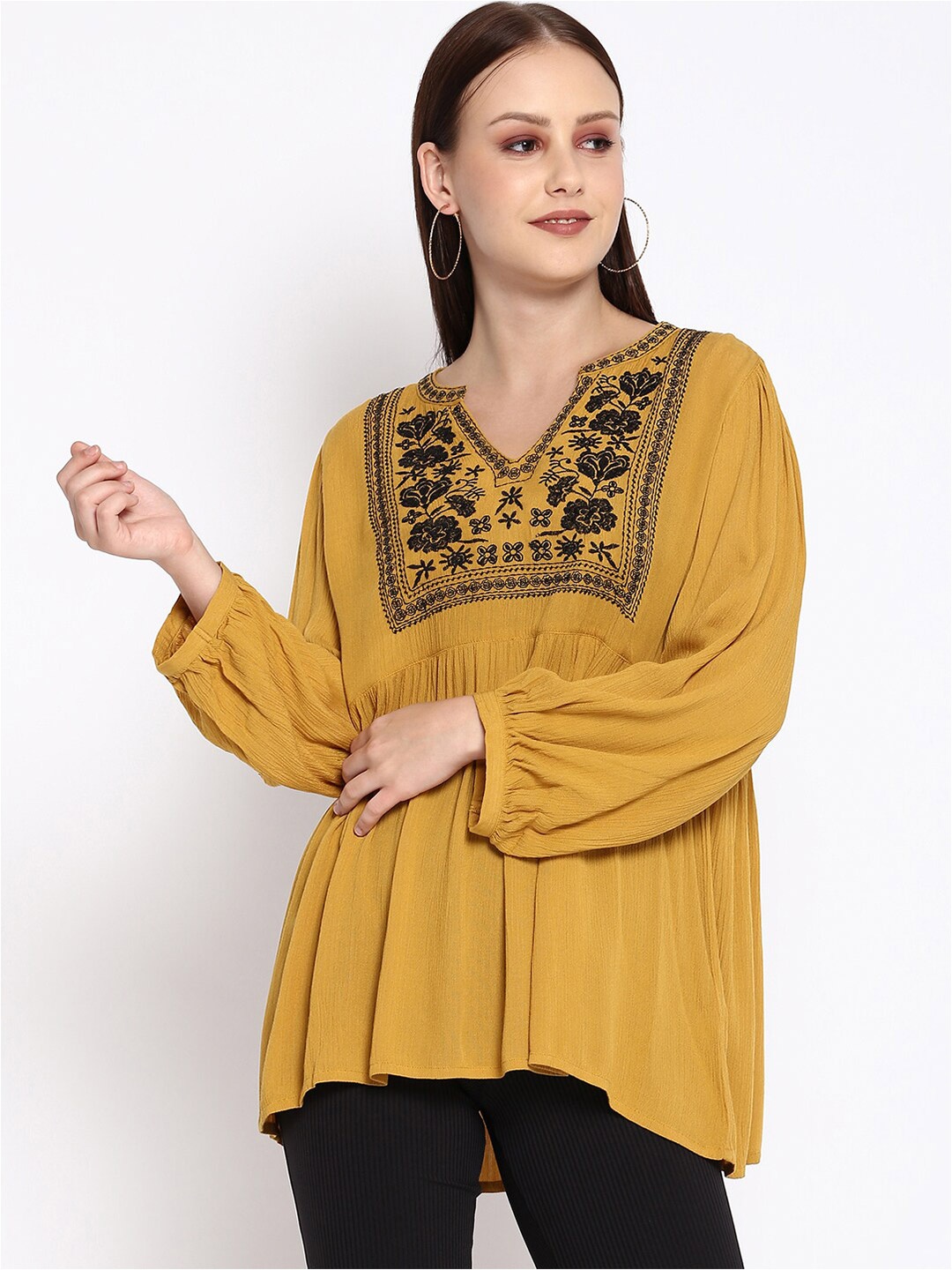 

R&B Yellow & Black Embroidered Mandarin Collar Top