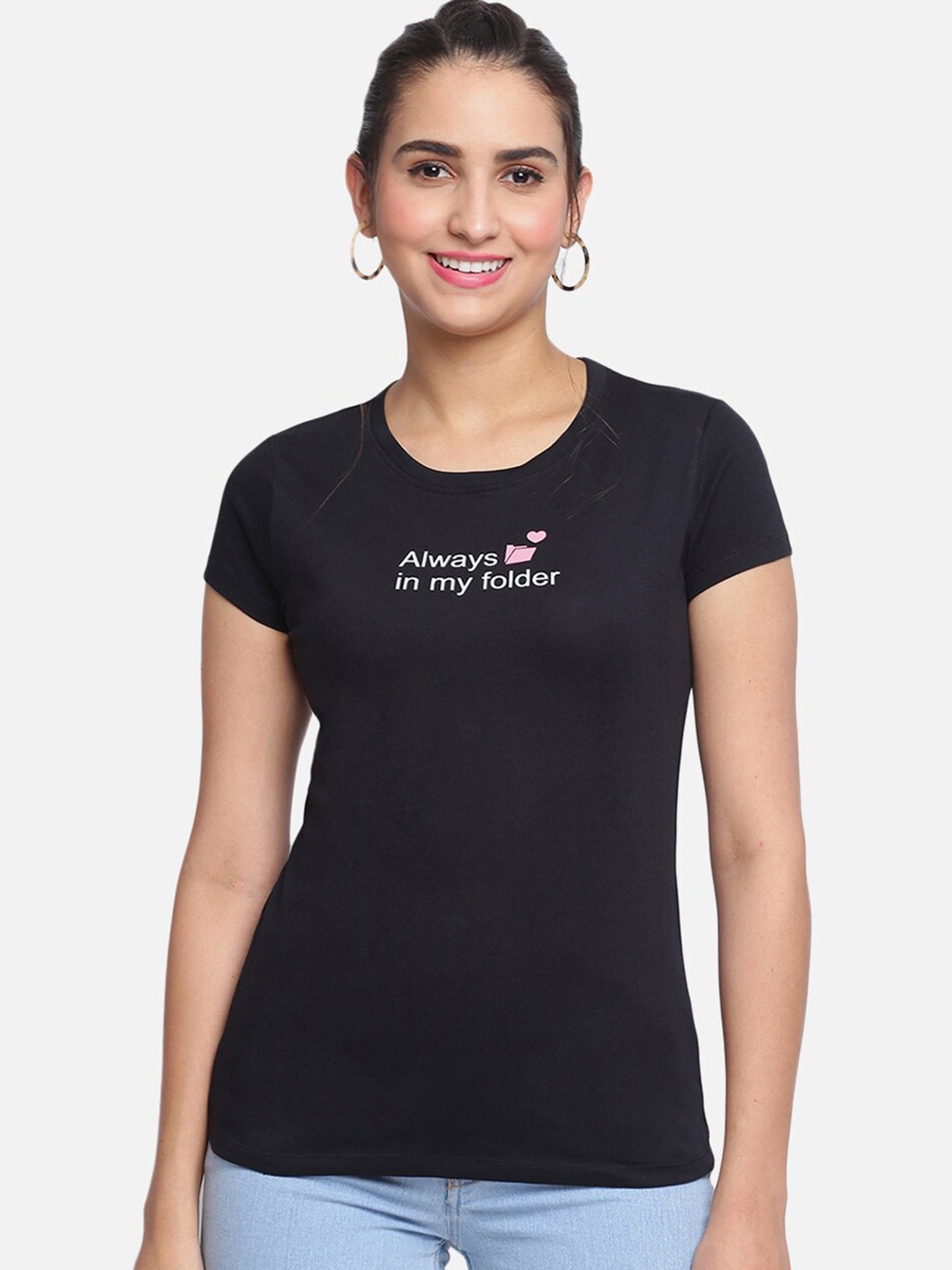 

R&B Women Black Typography Printed Cotton T-shirt