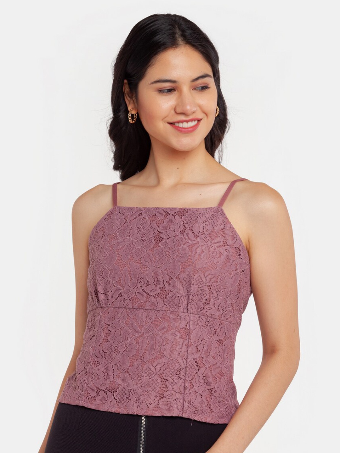 

Zink London Pink Self Design Shoulder Straps Regular Lace Top