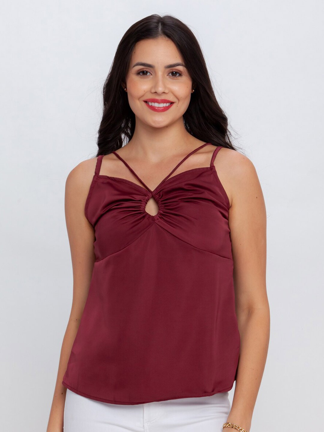 

Zink London Maroon Solid Shoulder Straps Regular Top
