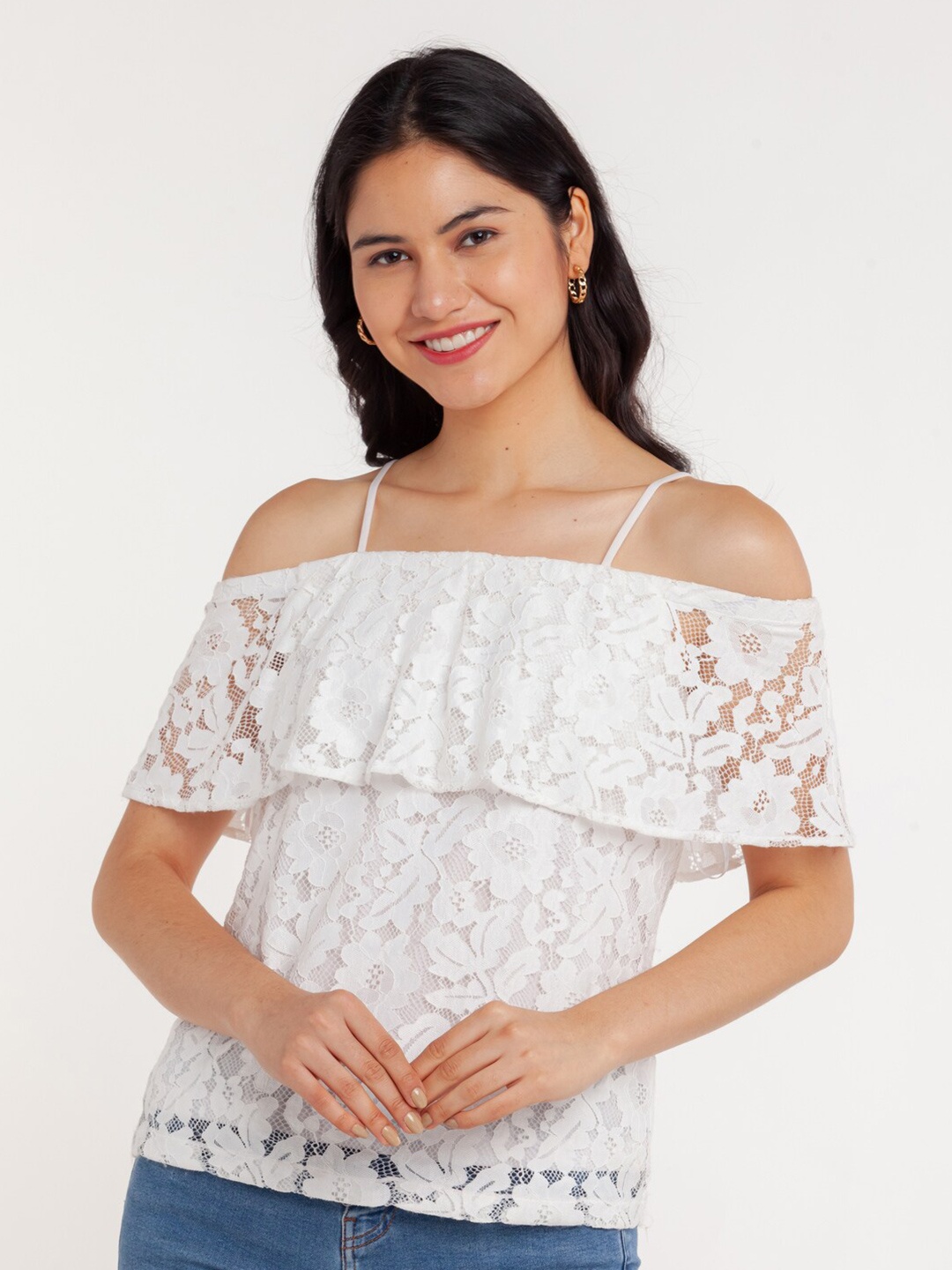

Zink London White Off-Shoulder Bardot Lace Top