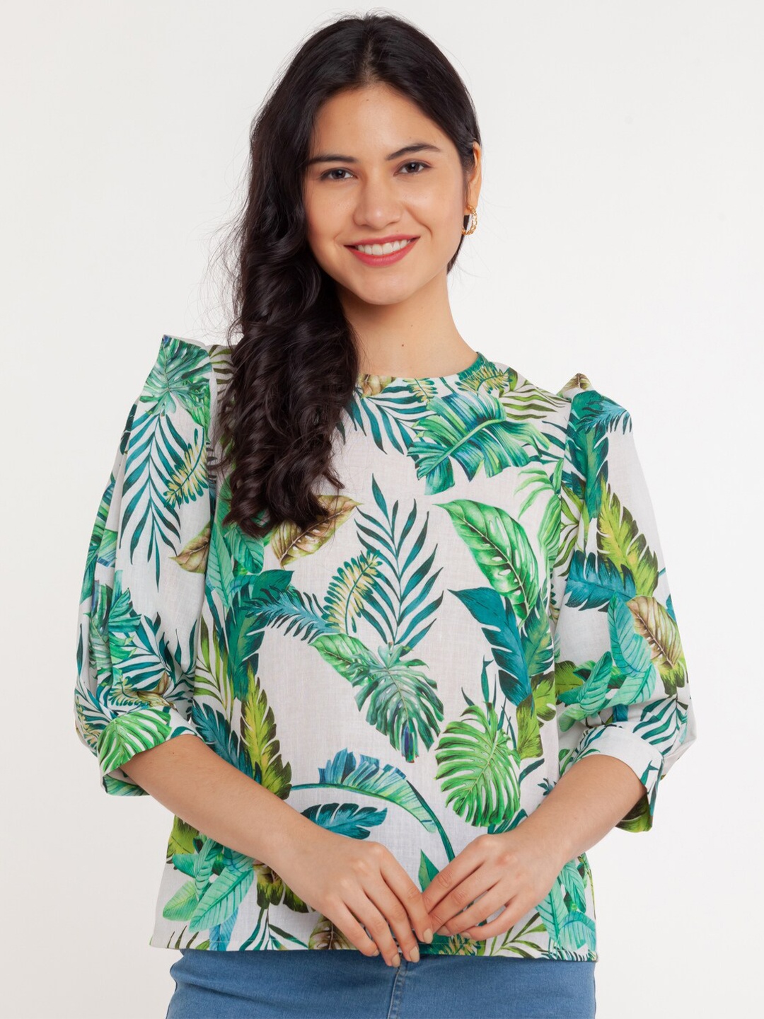 

Zink London Green & Blue Floral Print Tropical Top