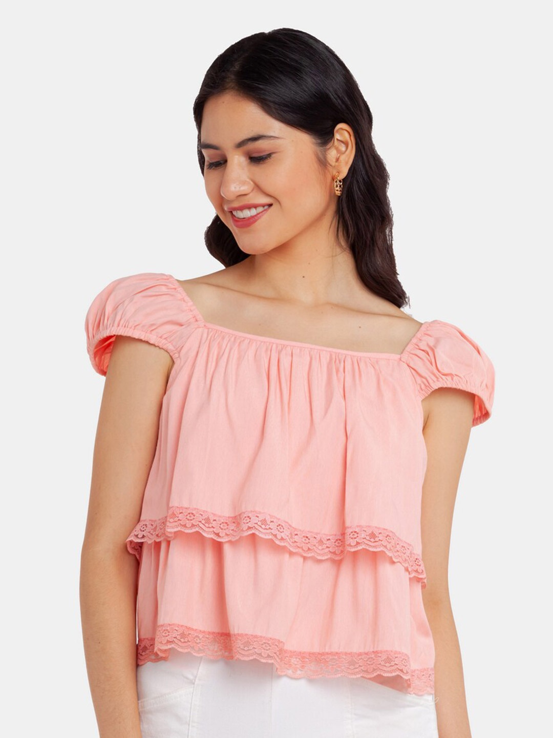 

Zink London Pink Off-Shoulder Ruffles Bardot Top