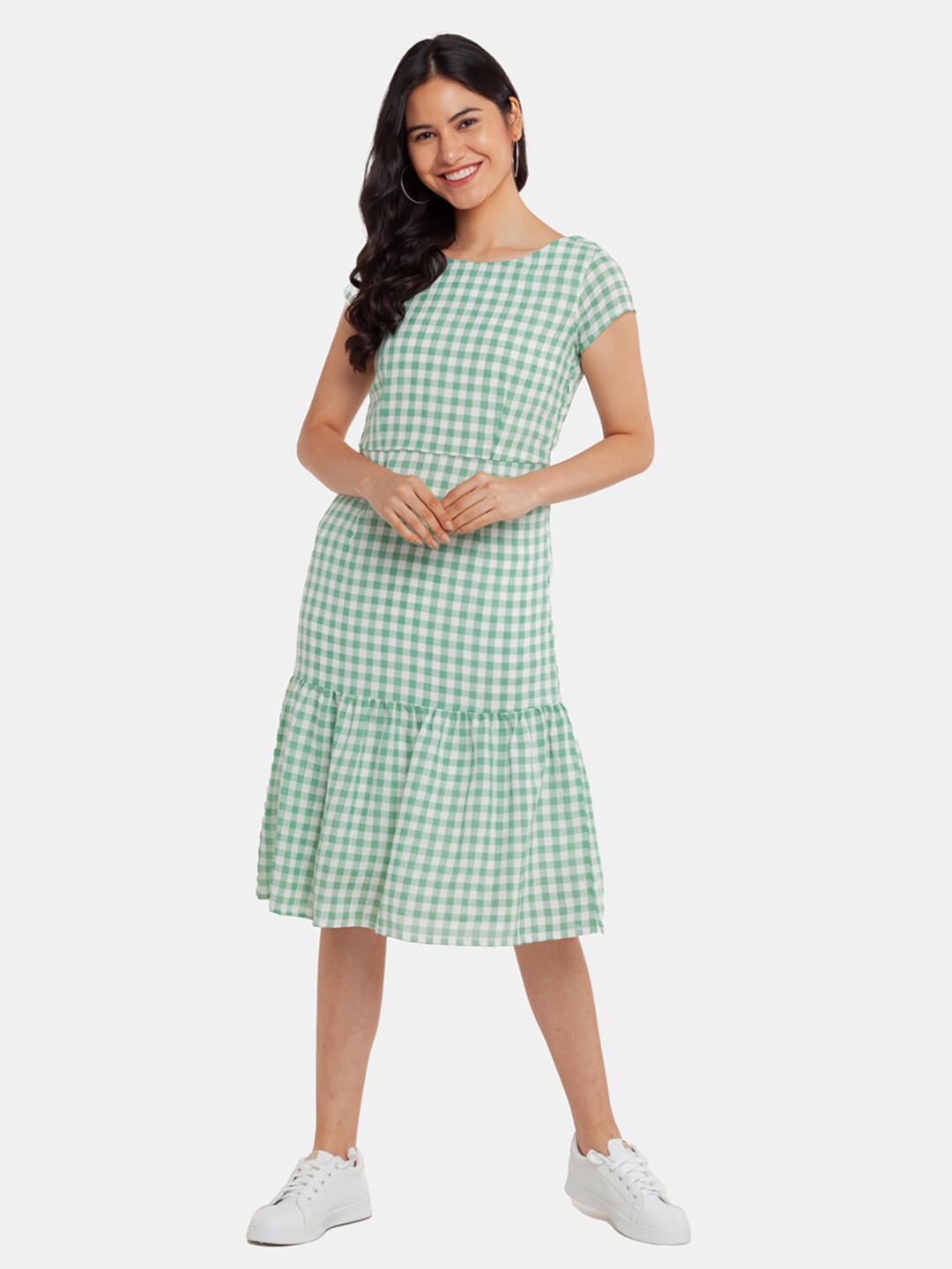 

Zink London Women Green and White Checked Drop-Waist Dress