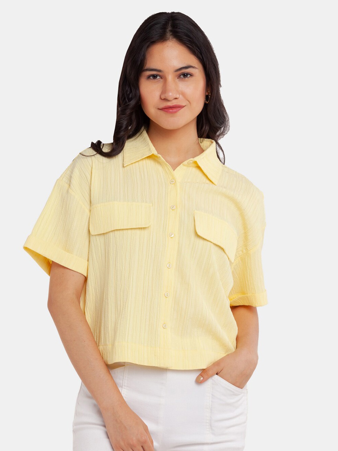 

Zink London Women Yellow Shirt Style Crop Top