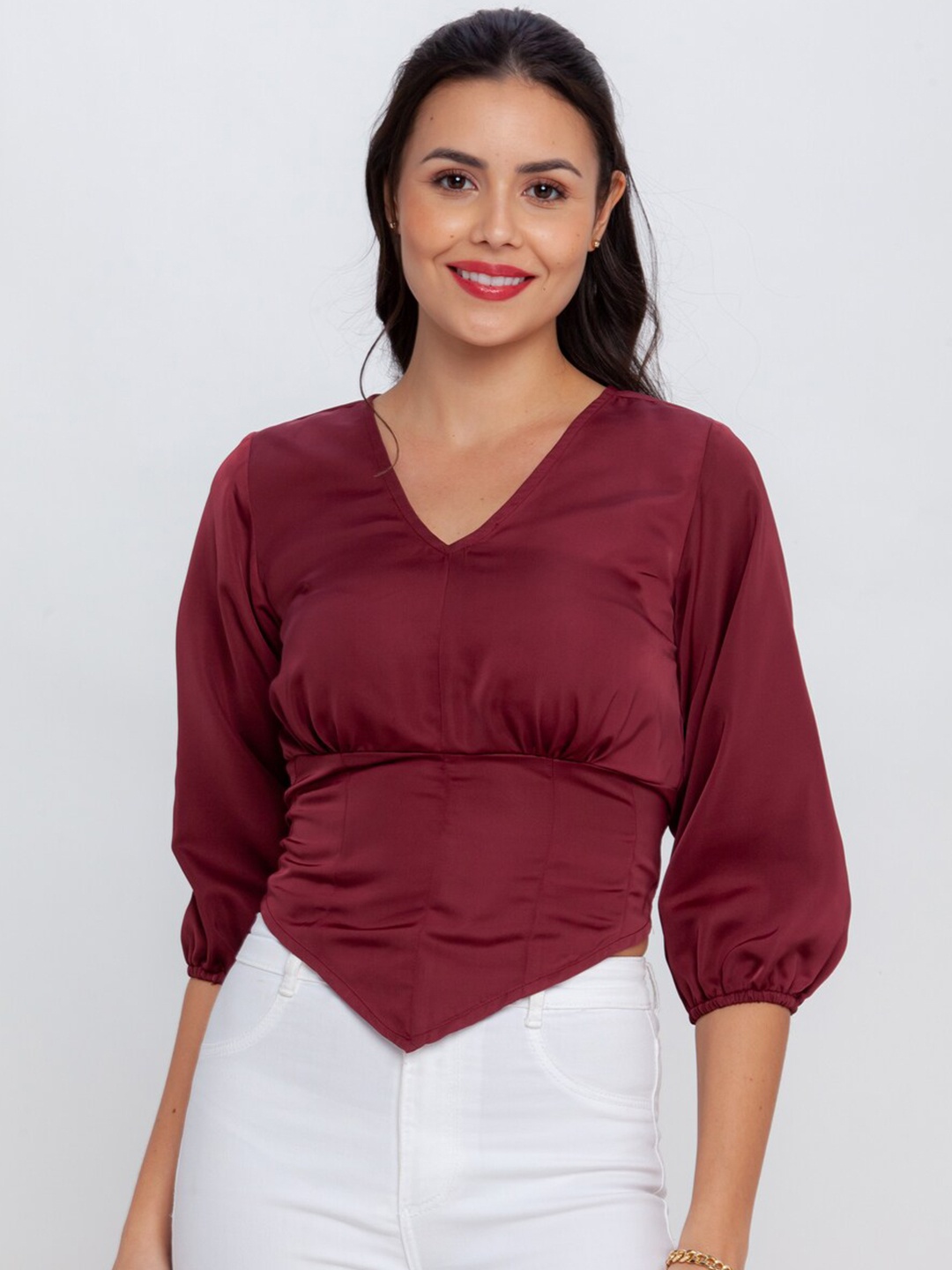 

Zink London Women Maroon Solid Top with Tie-Up