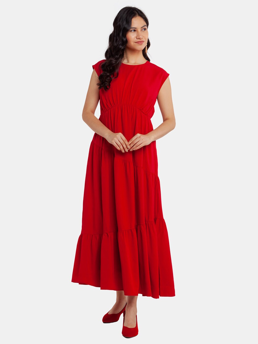 

Zink London Red Solid Sleeveless Tiered Maxi Dress