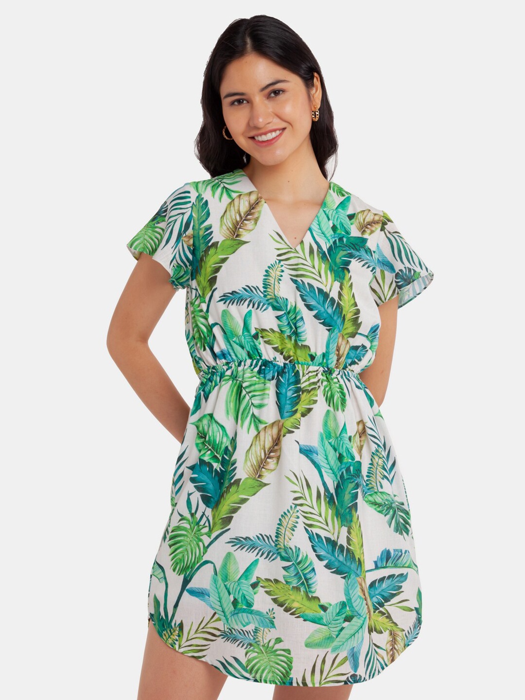 

Zink London White Tropical Printed Peplum Dress